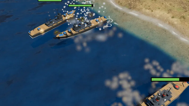 Grey battleships with gun turrets exchange salvos near a coast, shell splashes rising from the sea around them.