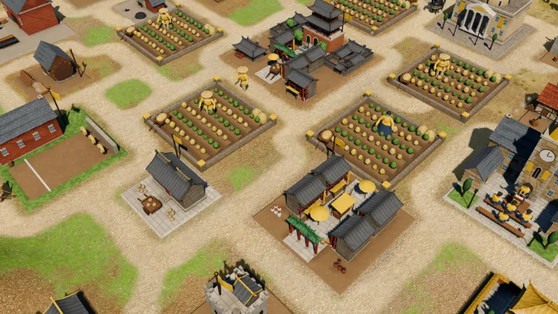 A Chinese city an hour into a game: grey-tiled halls, market stalls under yellow parasols, farmers in straw hats tending rows of crops.