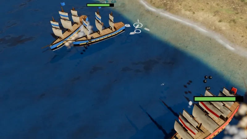 Two blue-and-white frigates side by side firing a broadside at a red man-of-war, cannonballs in flight over deep blue water near a sandy shore.